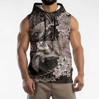 Hawaiian Plumeria and Hibiscus with Turtles Sleeveless Hoodie Polynesian Art Grayscale - Polynesian Pride