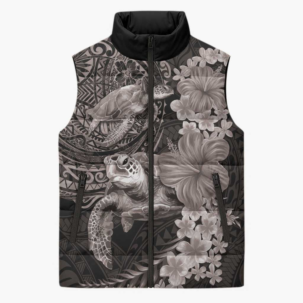 Hawaiian Plumeria and Hibiscus with Turtles Sleeveless Puffer Jacket Polynesian Art Grayscale - Polynesian Pride