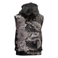 Hawaiian Plumeria and Hibiscus with Turtles Sleeveless Zip Hoodie Polynesian Art Grayscale - Polynesian Pride
