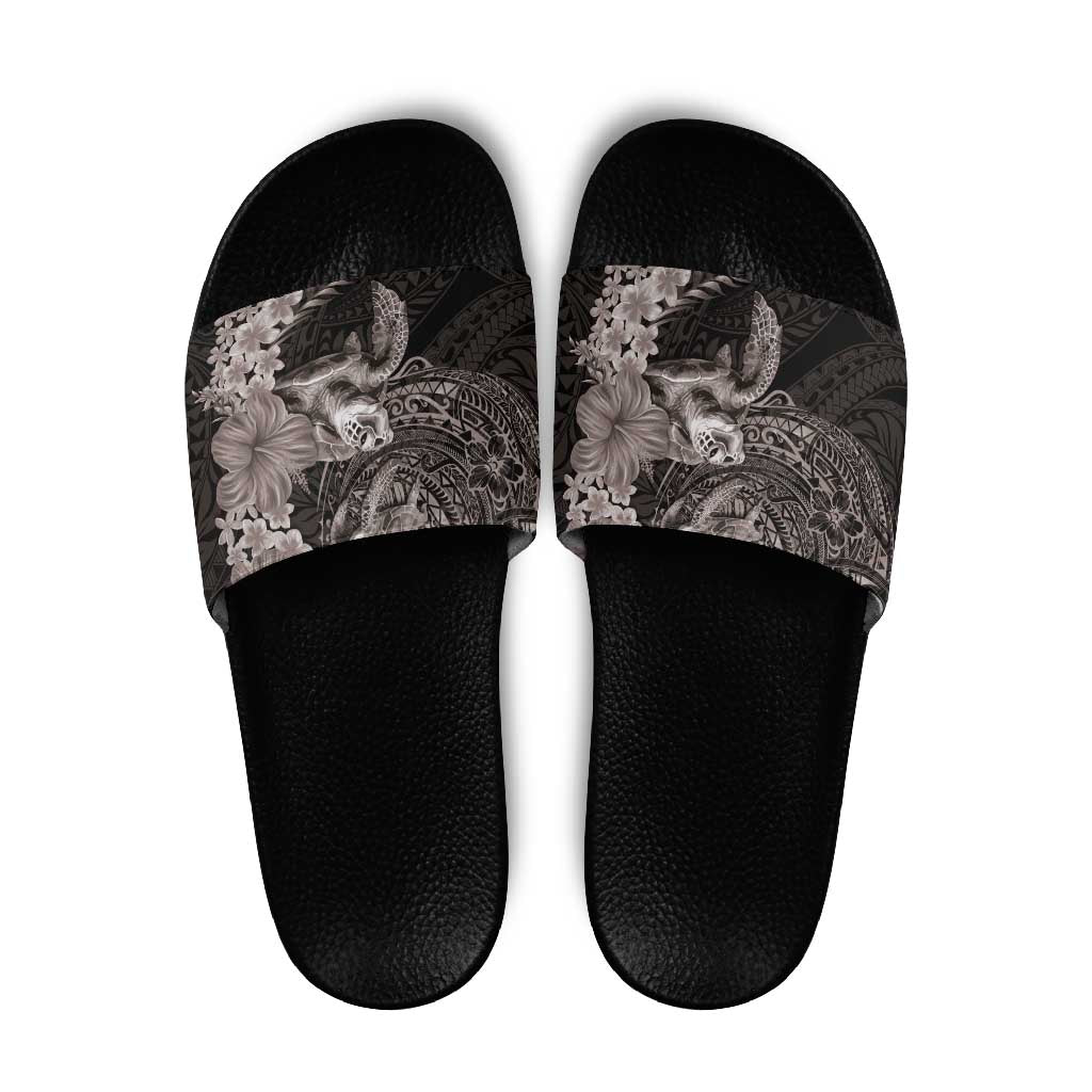 Hawaiian Plumeria and Hibiscus with Turtles Slide Sandals Polynesian Art Grayscale LT03 Black - Polynesian Pride
