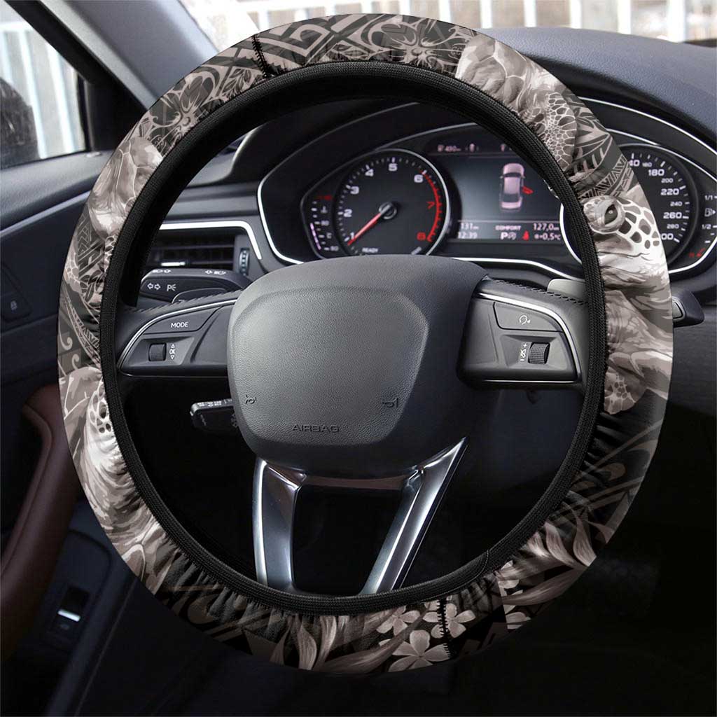 Hawaiian Plumeria and Hibiscus with Turtles Steering Wheel Cover Polynesian Art Grayscale - Polynesian Pride