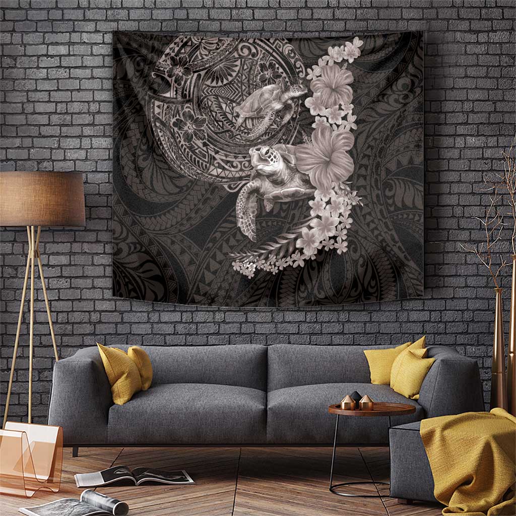 Hawaiian Plumeria and Hibiscus with Turtles Tapestry Polynesian Art Grayscale LT03 Black - Polynesian Pride