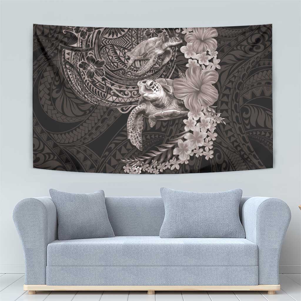 Hawaiian Plumeria and Hibiscus with Turtles Tapestry Polynesian Art Grayscale - Polynesian Pride