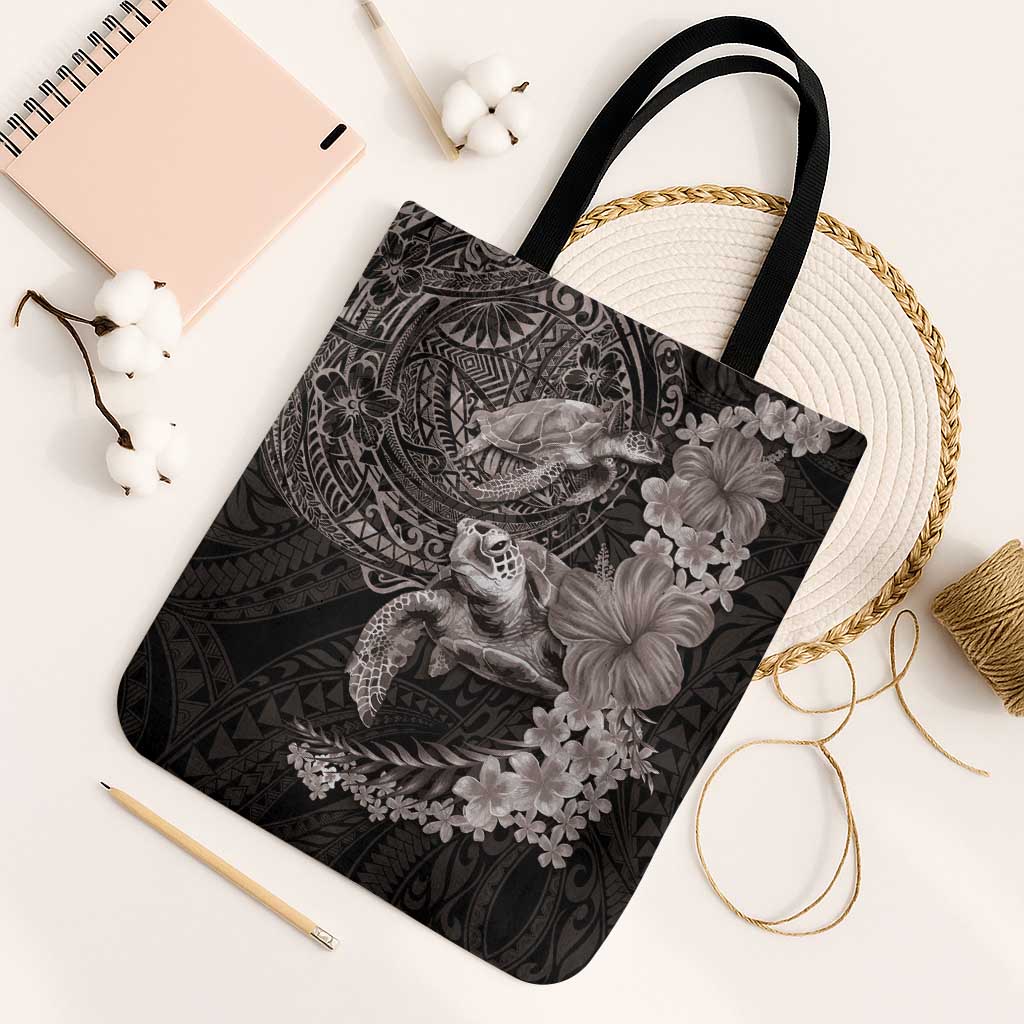 Hawaiian Plumeria and Hibiscus with Turtles Tote Bag Polynesian Art Grayscale - Polynesian Pride