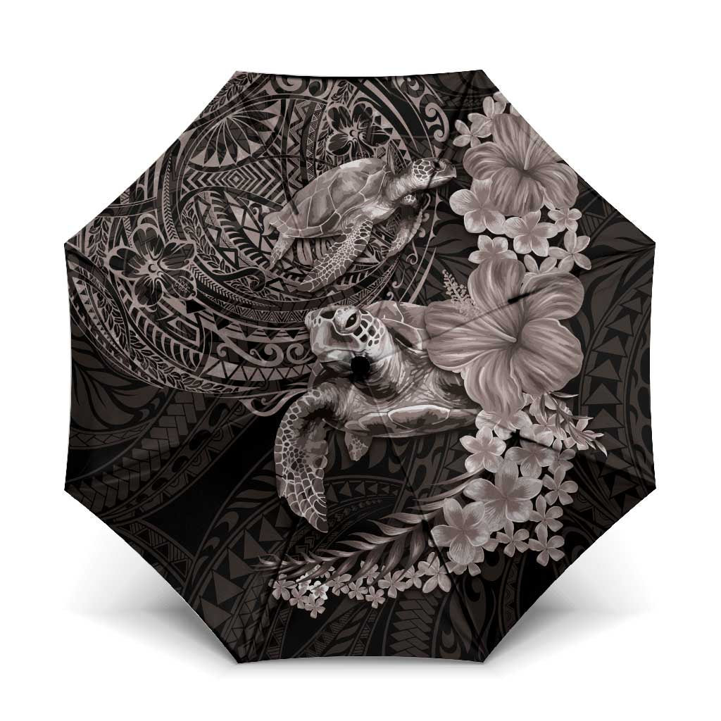 Hawaiian Plumeria and Hibiscus with Turtles Umbrella Polynesian Art Grayscale LT03 One Size Folded 11.42 inch Opened Diameter 37.4 inch Black - Polynesian Pride