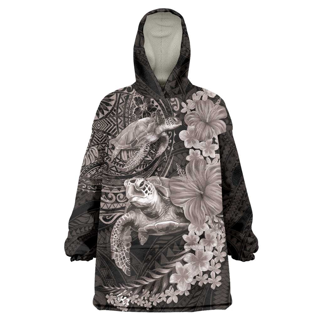 Hawaiian Plumeria and Hibiscus with Turtles Wearable Blanket Hoodie Polynesian Art Grayscale LT03 One Size Black - Polynesian Pride