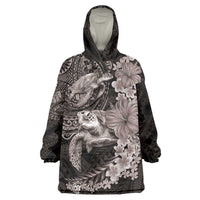 Hawaiian Plumeria and Hibiscus with Turtles Wearable Blanket Hoodie Polynesian Art Grayscale - Polynesian Pride