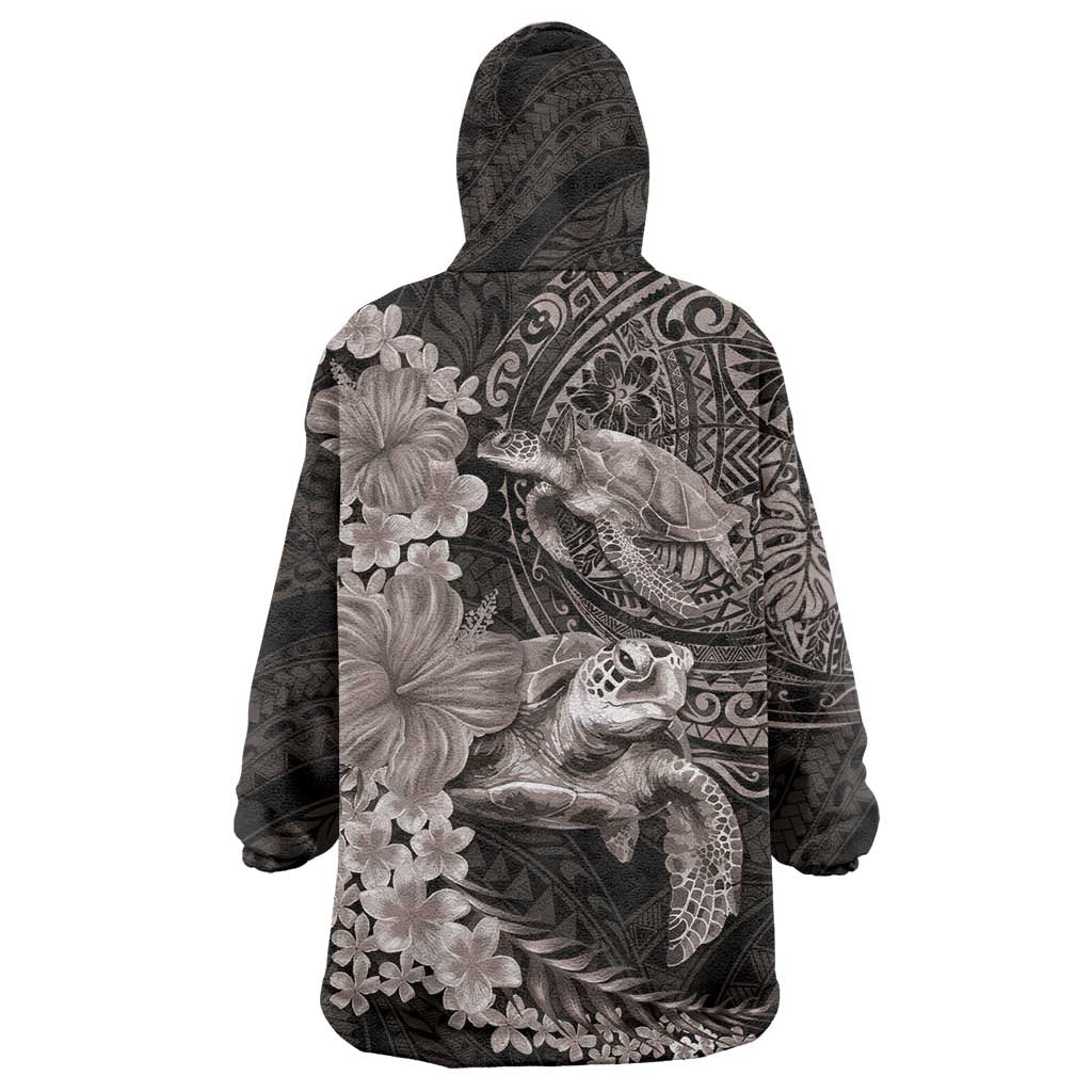 Hawaiian Plumeria and Hibiscus with Turtles Wearable Blanket Hoodie Polynesian Art Grayscale - Polynesian Pride