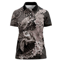 Hawaiian Plumeria and Hibiscus with Turtles Women Polo Shirt Polynesian Art Grayscale - Polynesian Pride