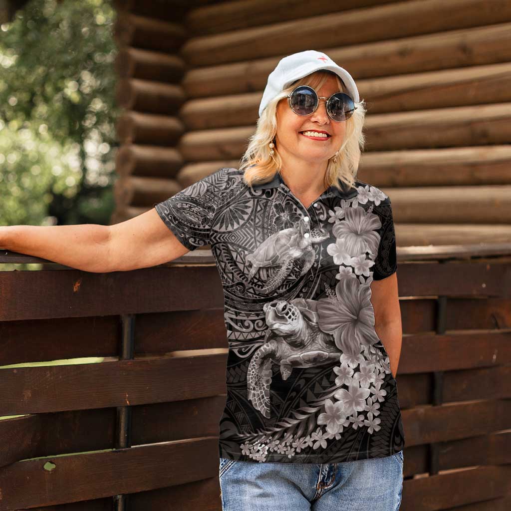 Hawaiian Plumeria and Hibiscus with Turtles Women Polo Shirt Polynesian Art Grayscale - Polynesian Pride