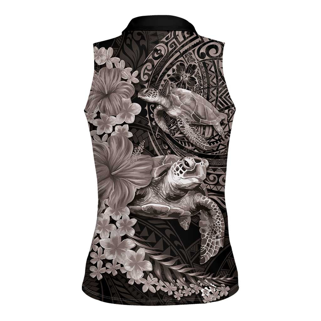 Hawaiian Plumeria and Hibiscus with Turtles Women Sleeveless Polo Shirt Polynesian Art Grayscale - Polynesian Pride