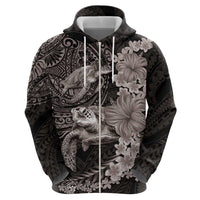 Hawaiian Plumeria and Hibiscus with Turtles Zip Hoodie Polynesian Art Grayscale - Polynesian Pride