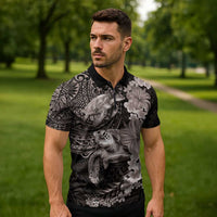 Hawaiian Plumeria and Hibiscus with Turtles Zipper Polo Shirt Polynesian Art Grayscale - Polynesian Pride