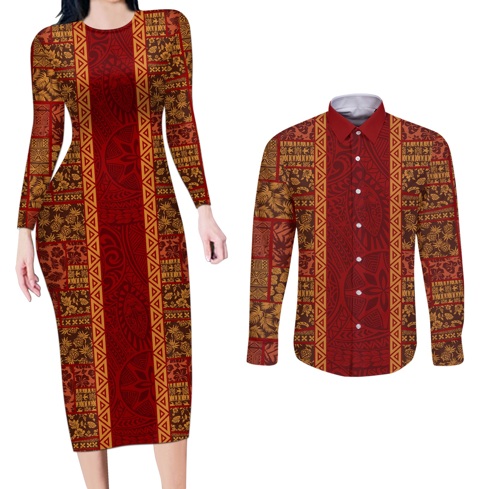 Hawaii Style Hibiscus and Tribal Element Fabric Patchwork Couples Matching Long Sleeve Bodycon Dress and Long Sleeve Button Shirt LT03 Red - Polynesian Pride