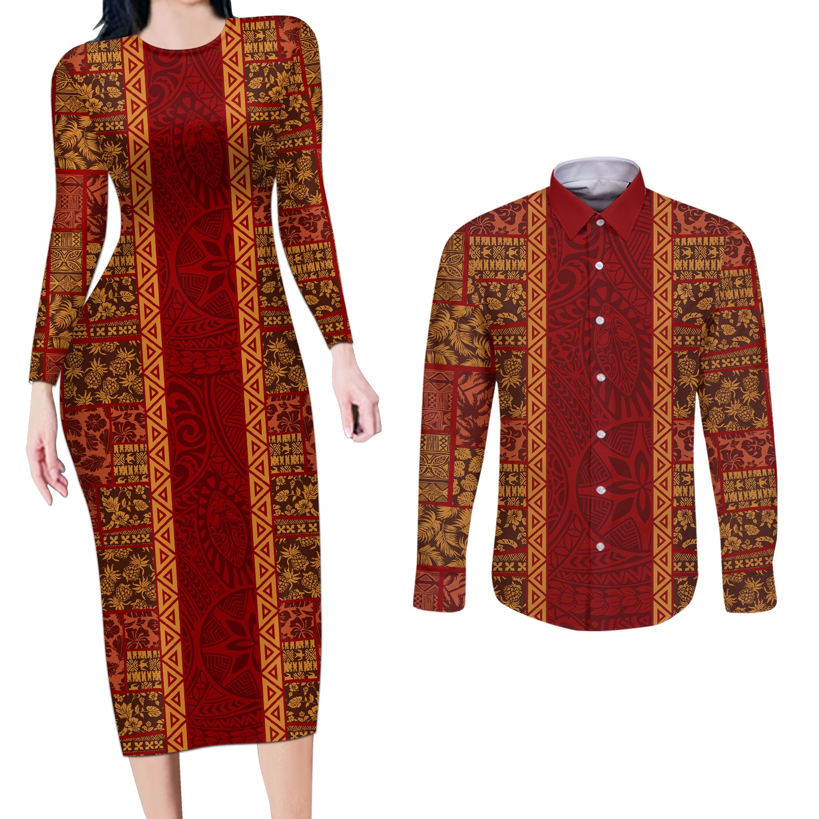 Hawaii Style Hibiscus and Tribal Element Fabric Patchwork Couples Matching Long Sleeve Bodycon Dress and Long Sleeve Button Shirt LT03 Red - Polynesian Pride