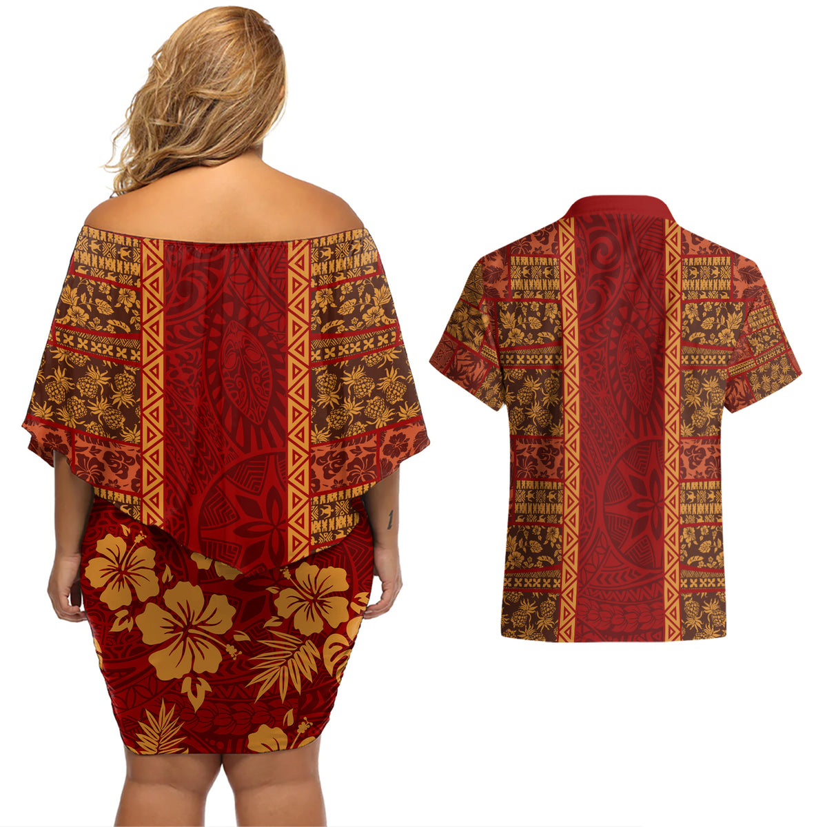 Hawaii Style Hibiscus and Tribal Element Fabric Patchwork Couples Matching Off Shoulder Short Dress and Hawaiian Shirt LT03 - Polynesian Pride