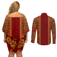 Hawaii Style Hibiscus and Tribal Element Fabric Patchwork Couples Matching Off Shoulder Short Dress and Long Sleeve Button Shirt LT03 - Polynesian Pride
