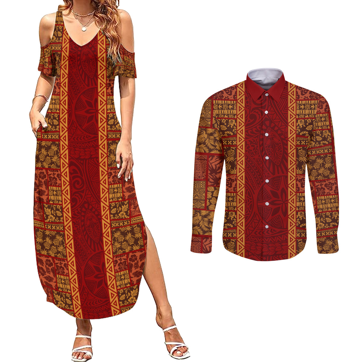 Hawaii Style Hibiscus and Tribal Element Fabric Patchwork Couples Matching Summer Maxi Dress and Long Sleeve Button Shirt LT03 Red - Polynesian Pride