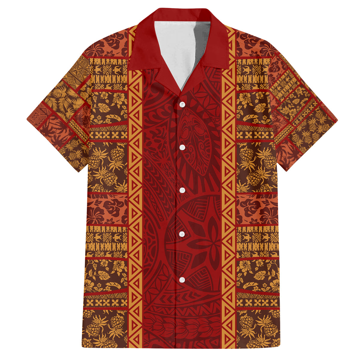 Hawaii Style Hibiscus and Tribal Element Fabric Patchwork Family Matching Off Shoulder Maxi Dress and Hawaiian Shirt LT03 Dad's Shirt - Short Sleeve Red - Polynesian Pride