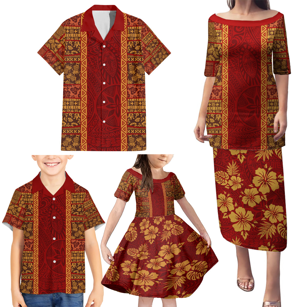 Hawaii Style Hibiscus and Tribal Element Fabric Patchwork Family Matching Puletasi Dress and Hawaiian Shirt LT03 - Polynesian Pride
