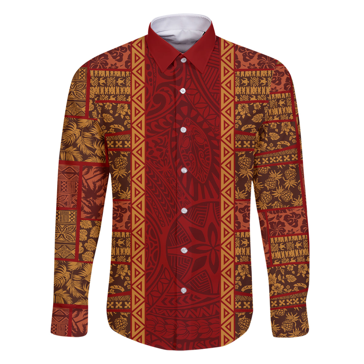 Hawaii Style Hibiscus and Tribal Element Fabric Patchwork Family Matching Short Sleeve Bodycon Dress and Hawaiian Shirt LT03 Dad's Shirt - Long Sleeve Red - Polynesian Pride