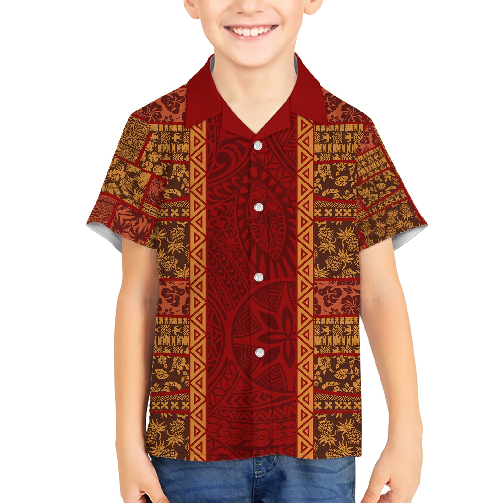 Hawaii Style Hibiscus and Tribal Element Fabric Patchwork Kid Hawaiian Shirt LT03 Kid Red - Polynesian Pride