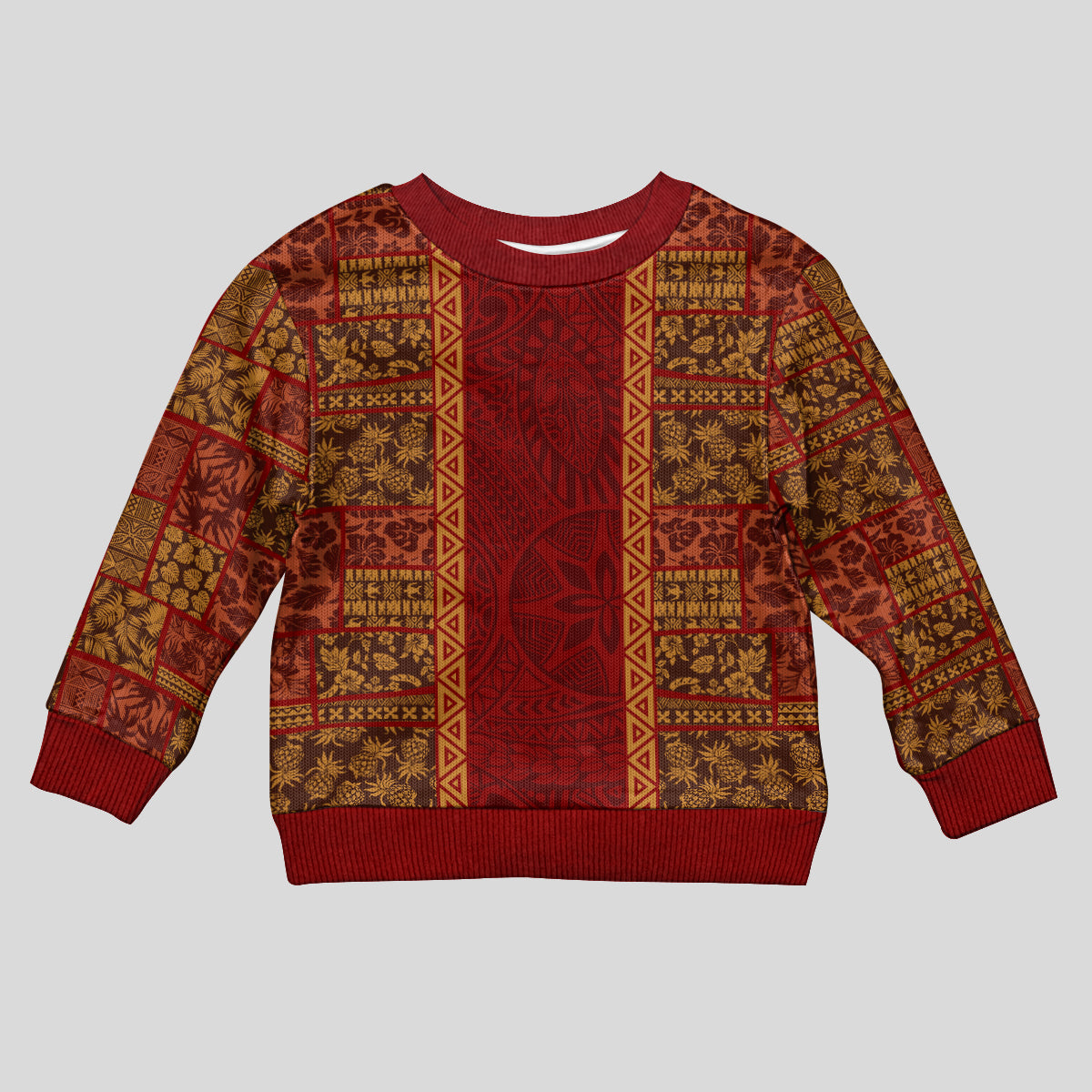 Hawaii Style Hibiscus and Tribal Element Fabric Patchwork Kid Ugly Christmas Sweater LT03 Kid Red - Polynesian Pride