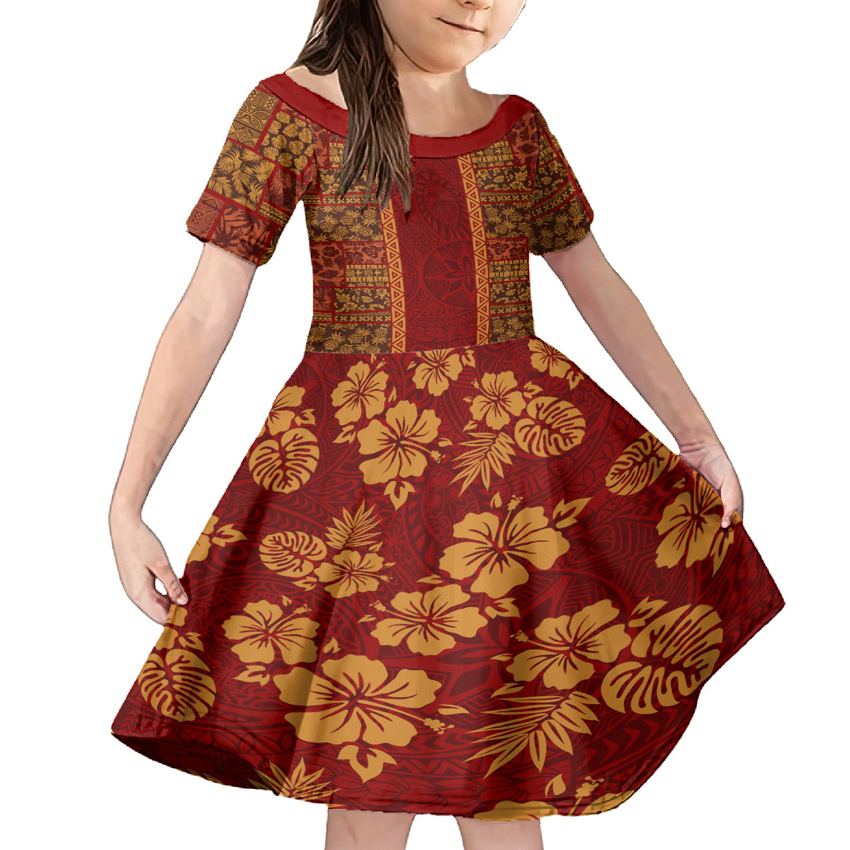 Hawaii Style Hibiscus and Tribal Element Fabric Patchwork Kid Short Sleeve Dress LT03 KID Red - Polynesian Pride