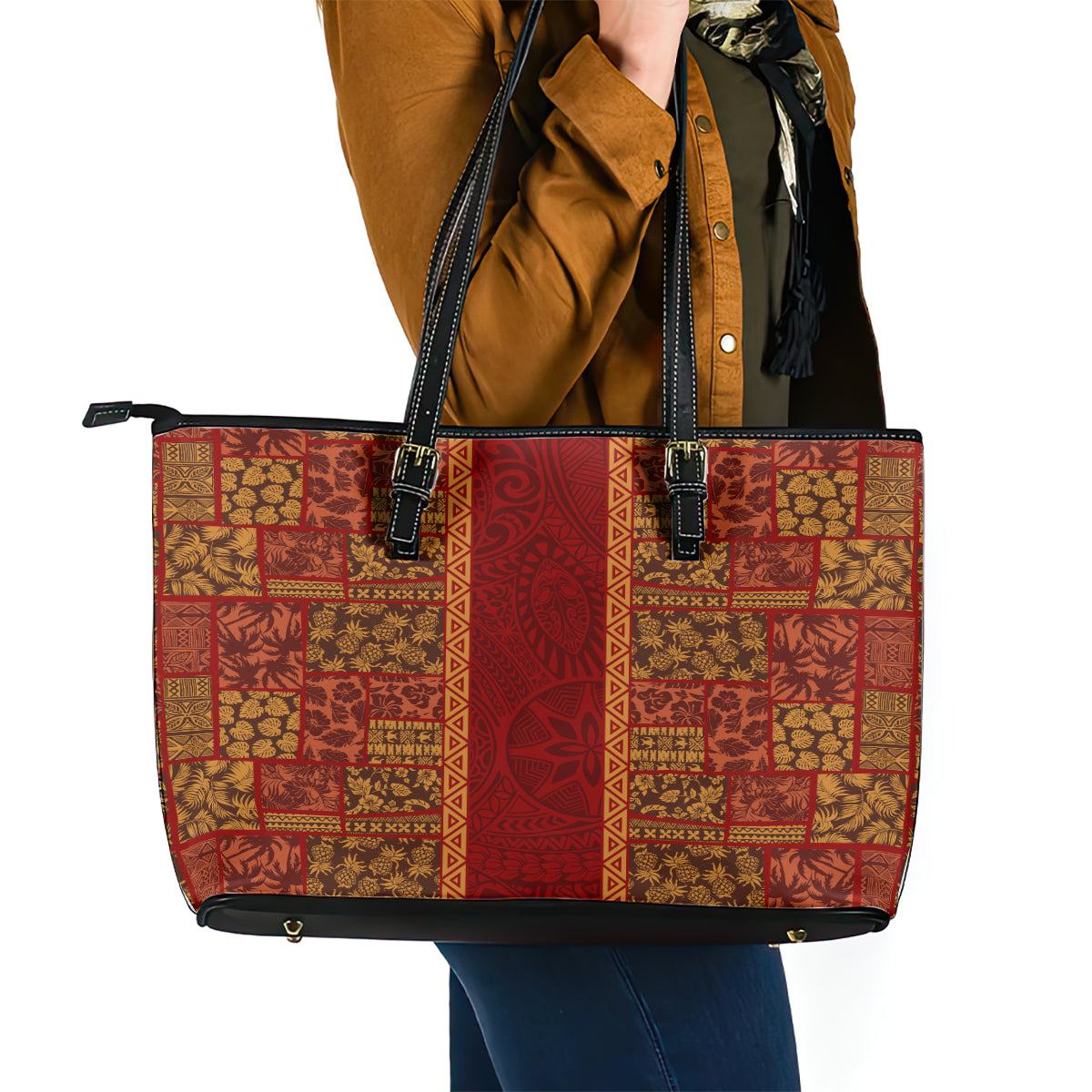 Hawaii Style Hibiscus and Tribal Element Fabric Patchwork Leather Tote Bag LT03 - Polynesian Pride