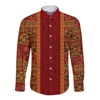 Hawaii Style Hibiscus and Tribal Element Fabric Patchwork Long Sleeve Button Shirt LT03 Unisex Red - Polynesian Pride