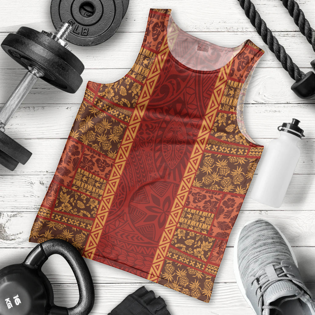 Hawaii Style Hibiscus and Tribal Element Fabric Patchwork Men Tank Top LT03 - Polynesian Pride