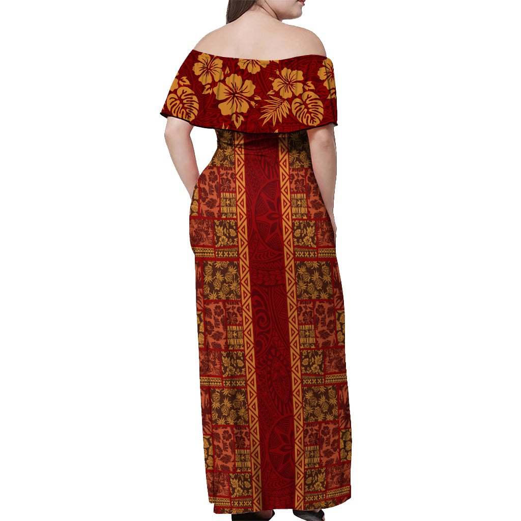 Hawaii Style Hibiscus and Tribal Element Fabric Patchwork Off Shoulder Maxi Dress LT03 - Polynesian Pride
