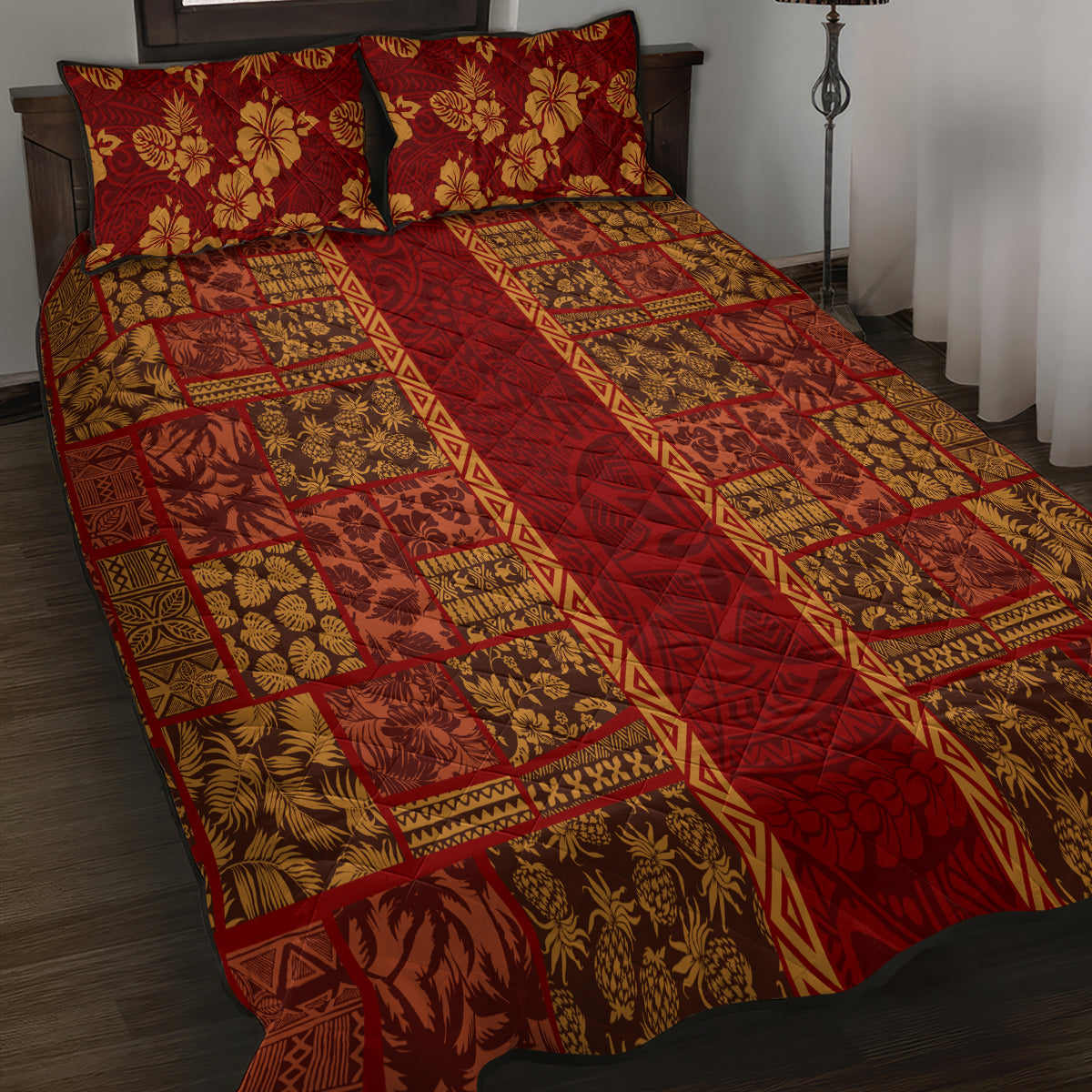 Hawaii Style Hibiscus and Tribal Element Fabric Patchwork Quilt Bed Set LT03 - Polynesian Pride