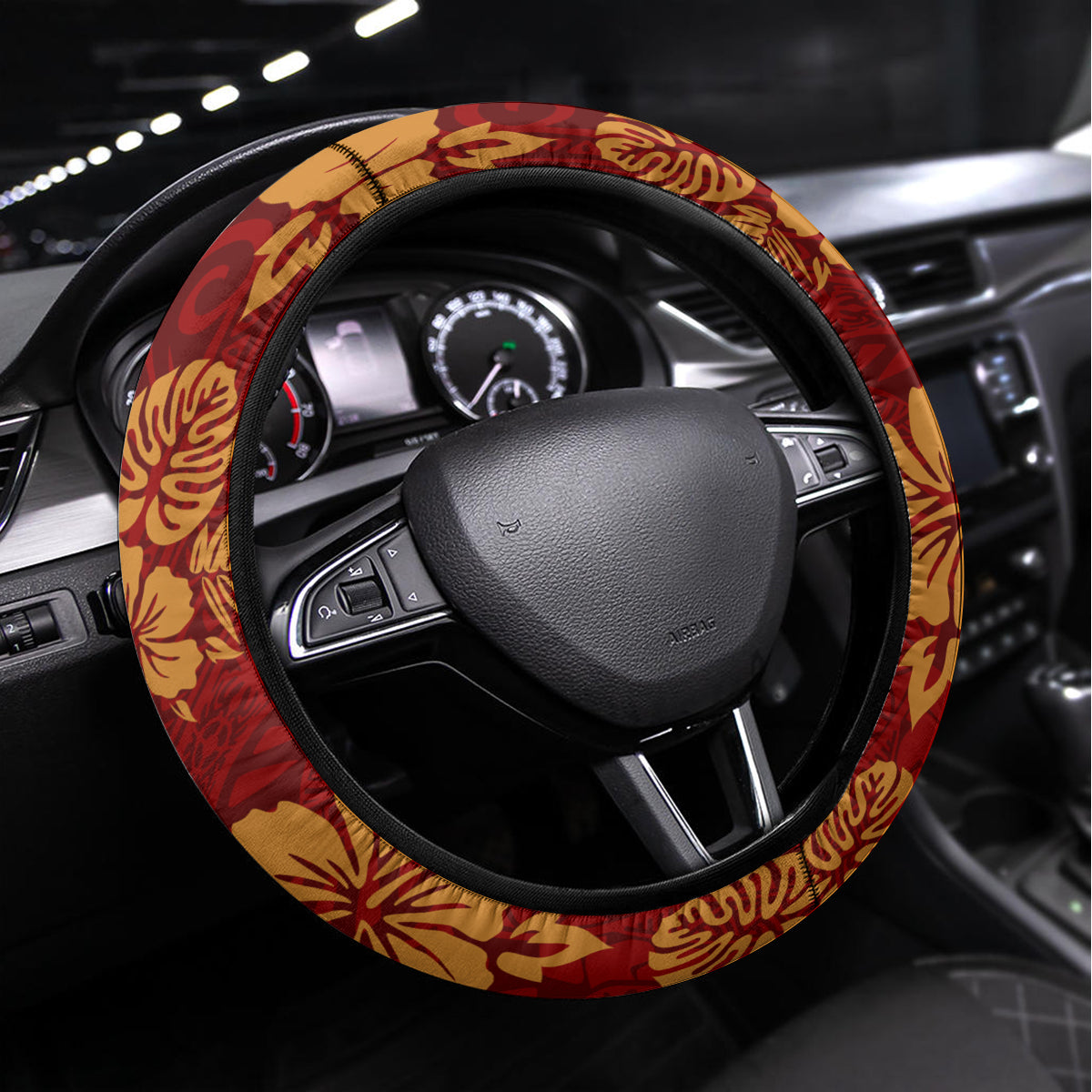 Hawaii Style Hibiscus and Tribal Element Fabric Patchwork Steering Wheel Cover LT03 Universal Fit Red - Polynesian Pride