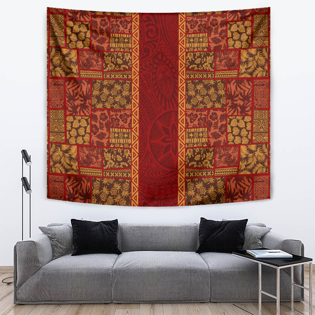 Hawaii Style Hibiscus and Tribal Element Fabric Patchwork Tapestry LT03 - Polynesian Pride
