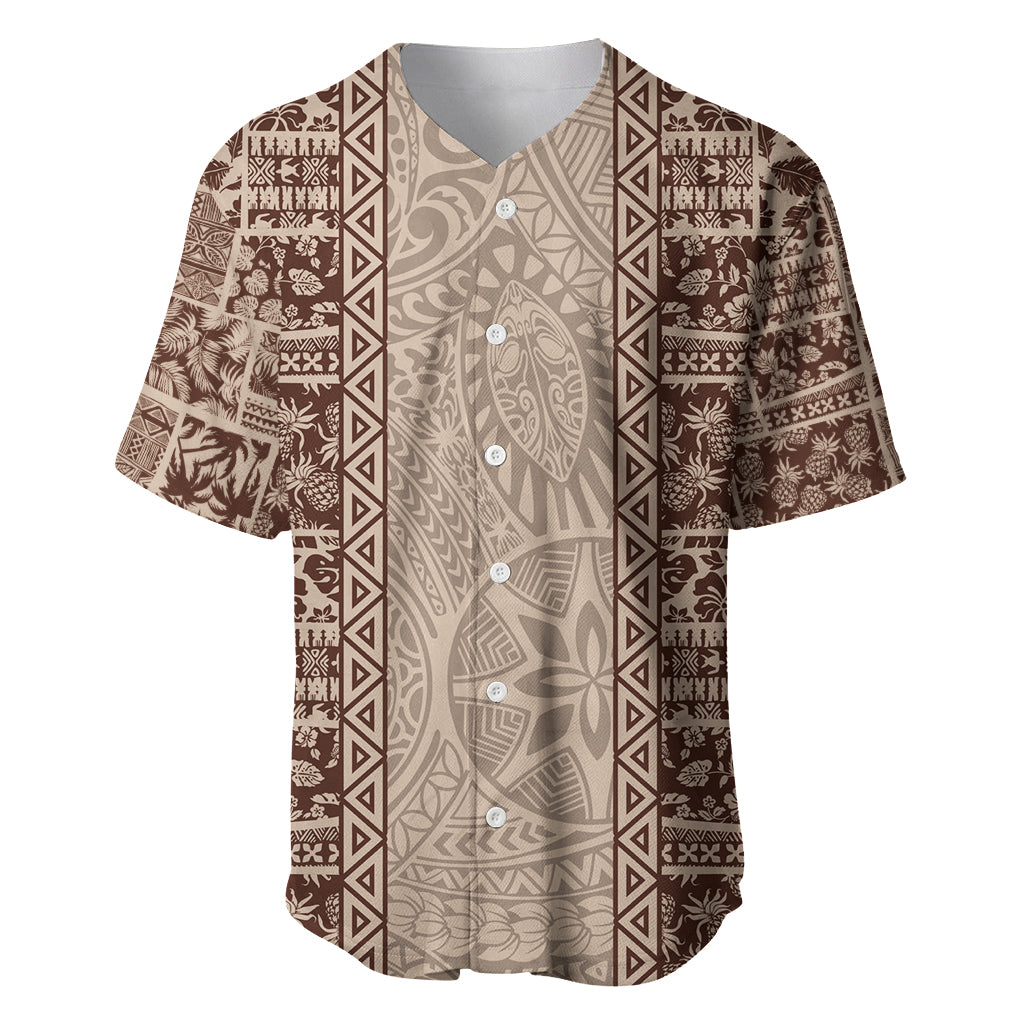 Hawaii Style Hibiscus and Tribal Element Fabric Patchwork Baseball Jersey Beige Version LT03 Beige - Polynesian Pride