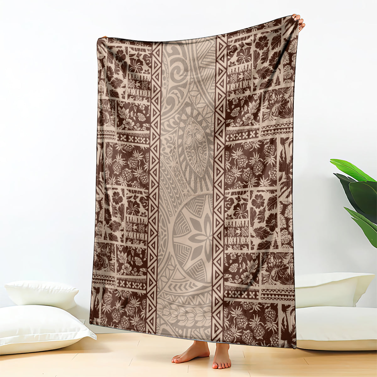 Hawaii Style Hibiscus and Tribal Element Fabric Patchwork Blanket Beige Version LT03 Beige - Polynesian Pride