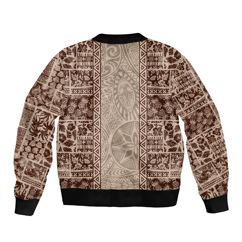 Hawaii Style Hibiscus and Tribal Element Fabric Patchwork Bomber Jacket Beige Version LT03 - Polynesian Pride