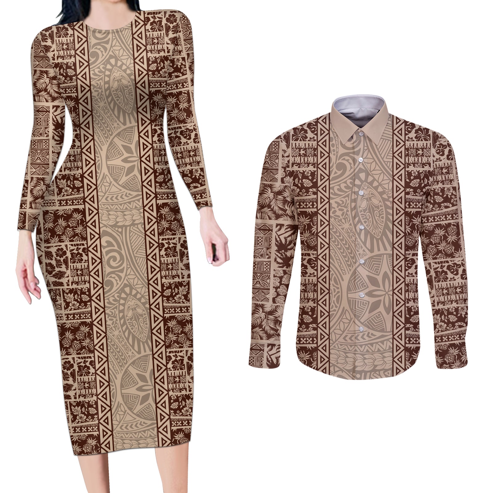Hawaii Style Hibiscus and Tribal Element Fabric Patchwork Couples Matching Long Sleeve Bodycon Dress and Long Sleeve Button Shirt Beige Version LT03 Beige - Polynesian Pride