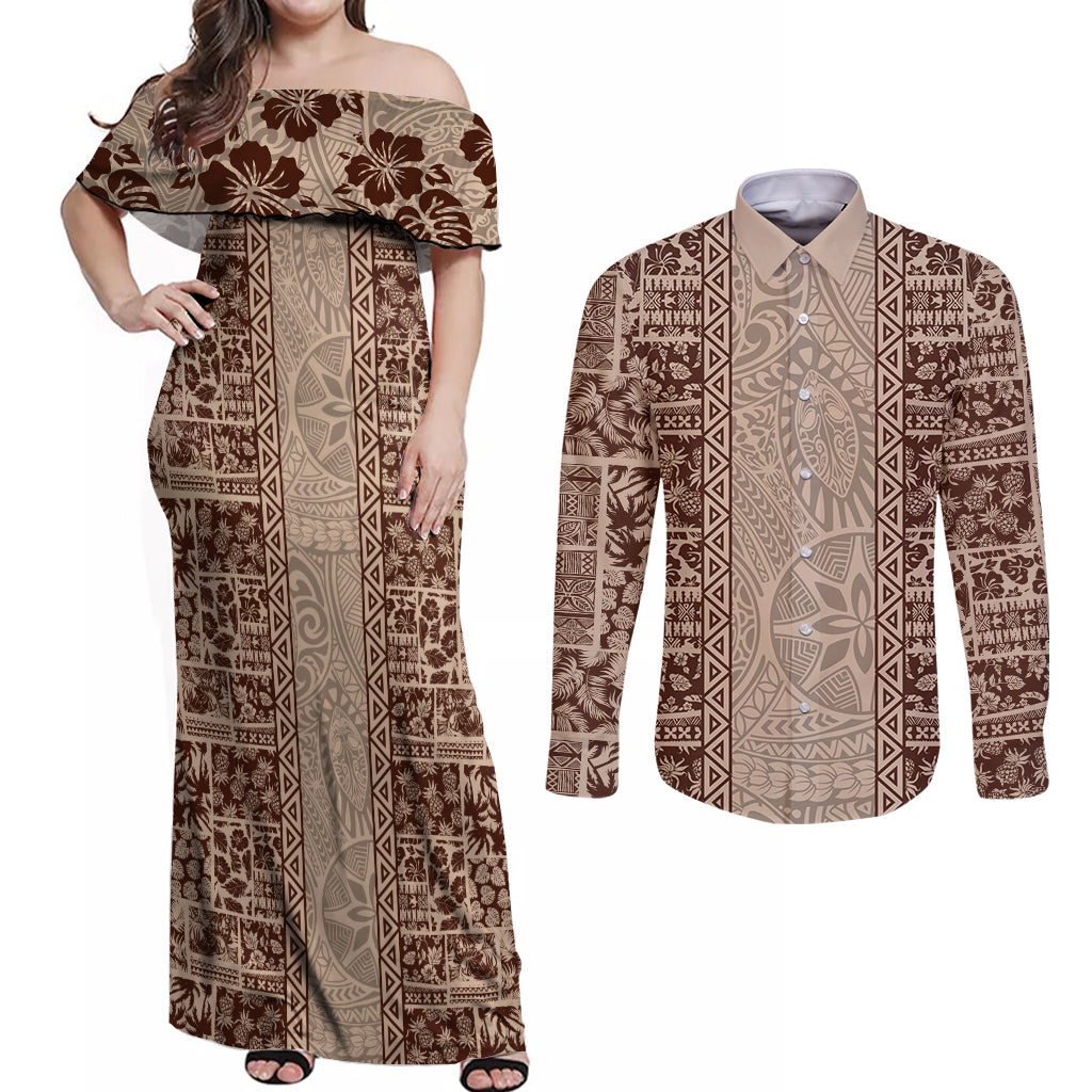 Hawaii Style Hibiscus and Tribal Element Fabric Patchwork Couples Matching Off Shoulder Maxi Dress and Long Sleeve Button Shirt Beige Version LT03 Beige - Polynesian Pride