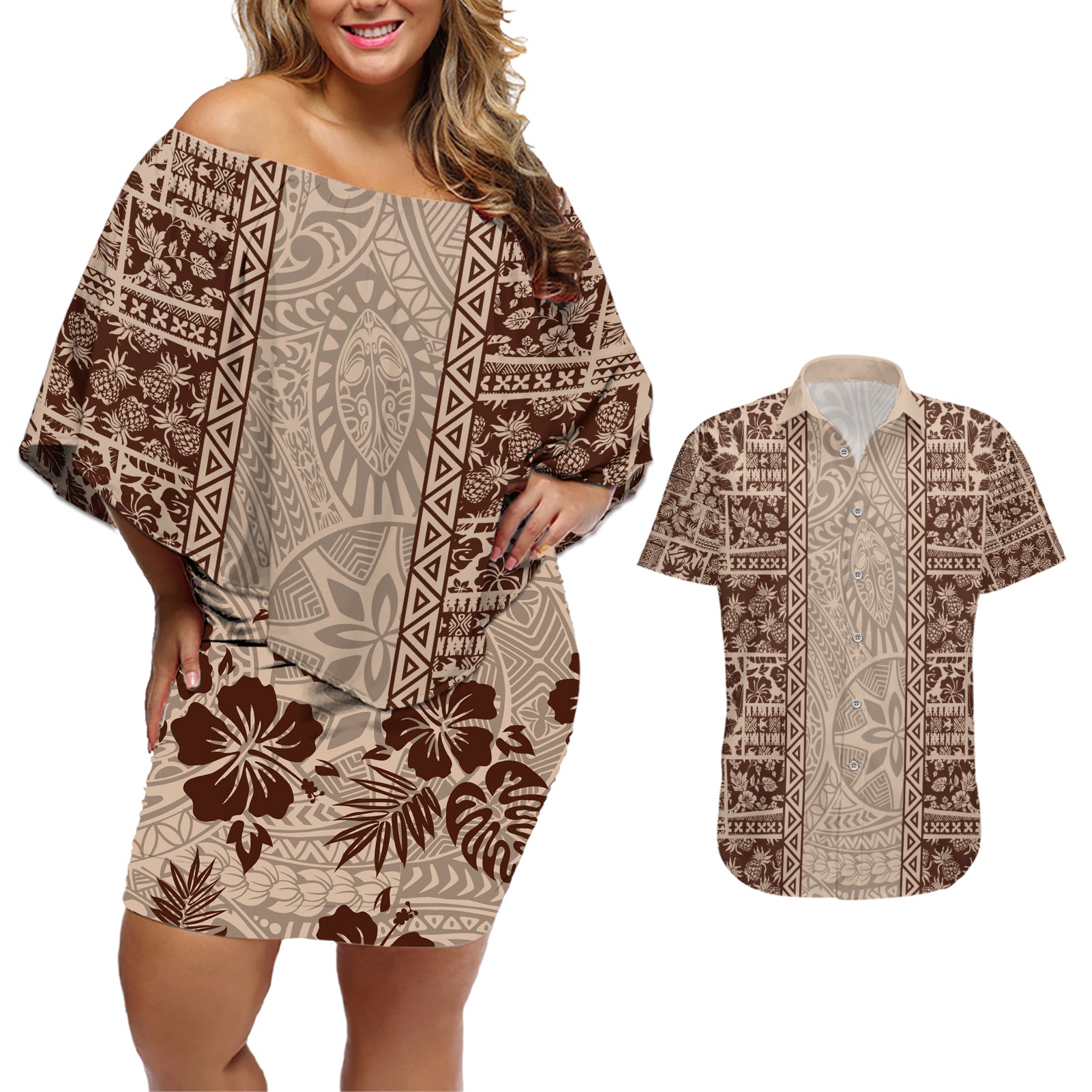 Hawaii Style Hibiscus and Tribal Element Fabric Patchwork Couples Matching Off Shoulder Short Dress and Hawaiian Shirt Beige Version LT03 Beige - Polynesian Pride