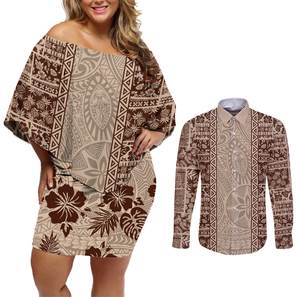 Hawaii Style Hibiscus and Tribal Element Fabric Patchwork Couples Matching Off Shoulder Short Dress and Long Sleeve Button Shirt Beige Version LT03 Beige - Polynesian Pride