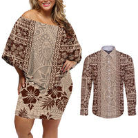 Hawaii Style Hibiscus and Tribal Element Fabric Patchwork Couples Matching Off Shoulder Short Dress and Long Sleeve Button Shirt Beige Version LT03 Beige - Polynesian Pride