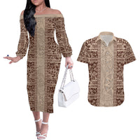 Hawaii Style Hibiscus and Tribal Element Fabric Patchwork Couples Matching Off The Shoulder Long Sleeve Dress and Hawaiian Shirt Beige Version LT03 Beige - Polynesian Pride
