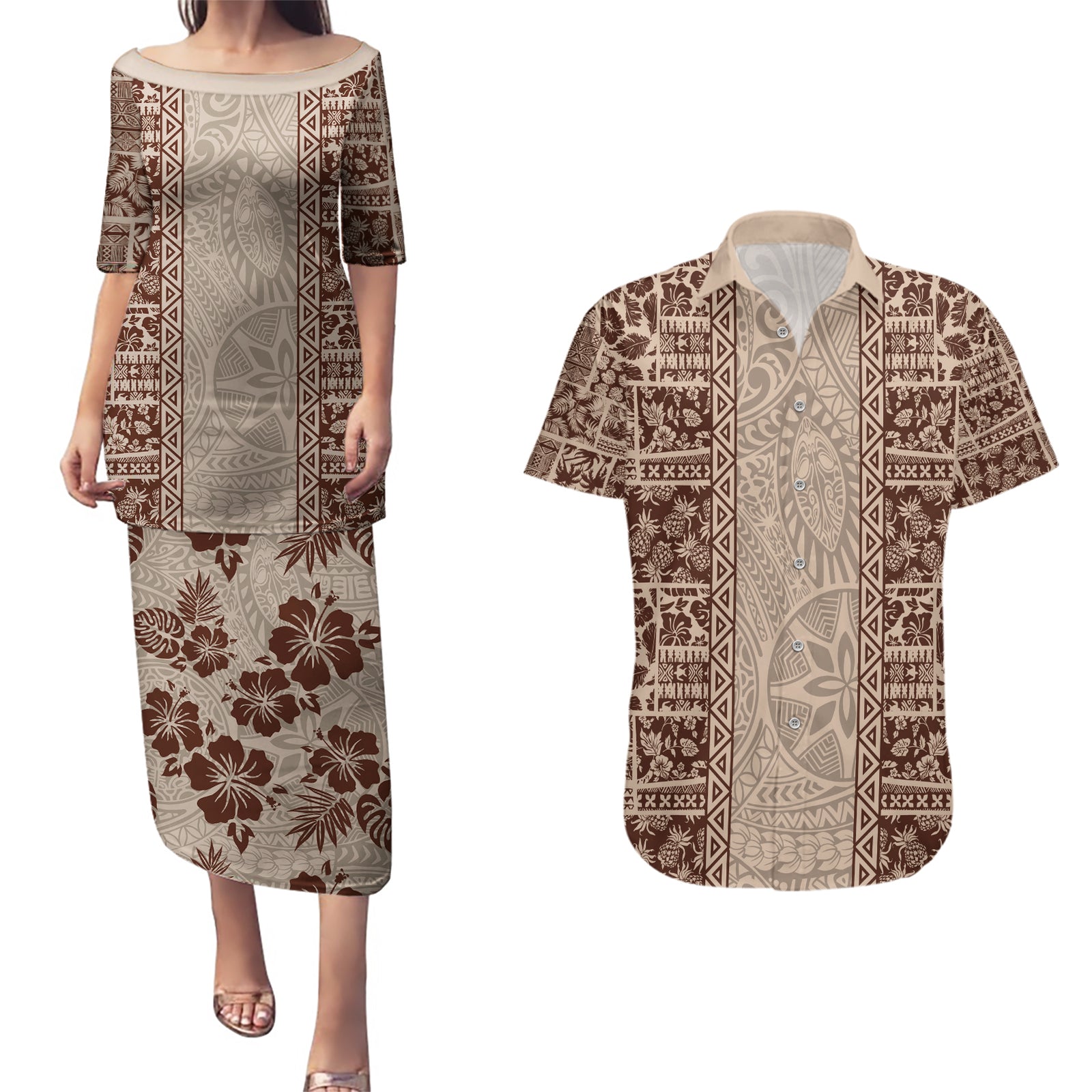 Hawaii Style Hibiscus and Tribal Element Fabric Patchwork Couples Matching Puletasi Dress and Hawaiian Shirt Beige Version LT03 Beige - Polynesian Pride
