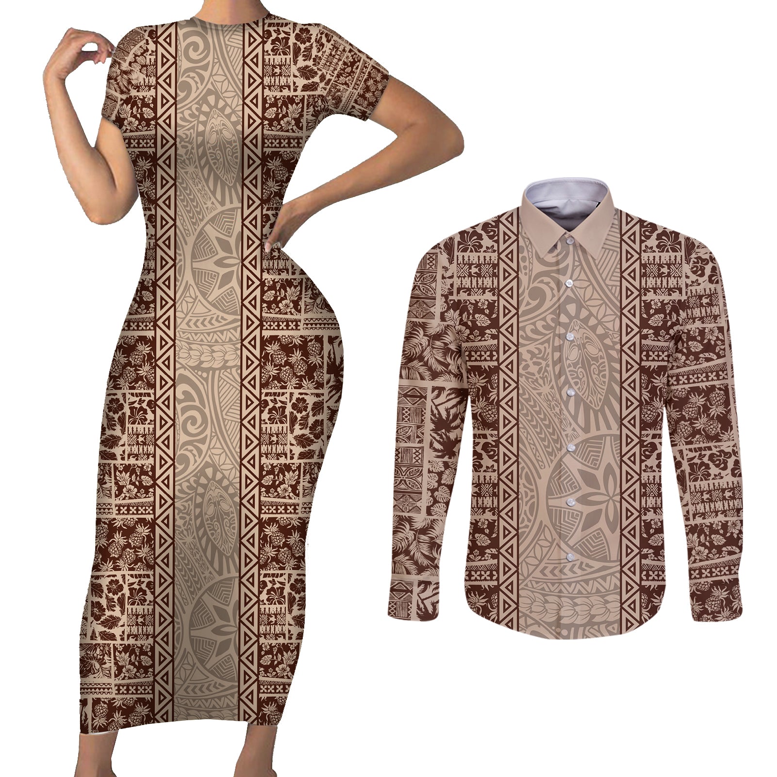 Hawaii Style Hibiscus and Tribal Element Fabric Patchwork Couples Matching Short Sleeve Bodycon Dress and Long Sleeve Button Shirt Beige Version LT03 Beige - Polynesian Pride