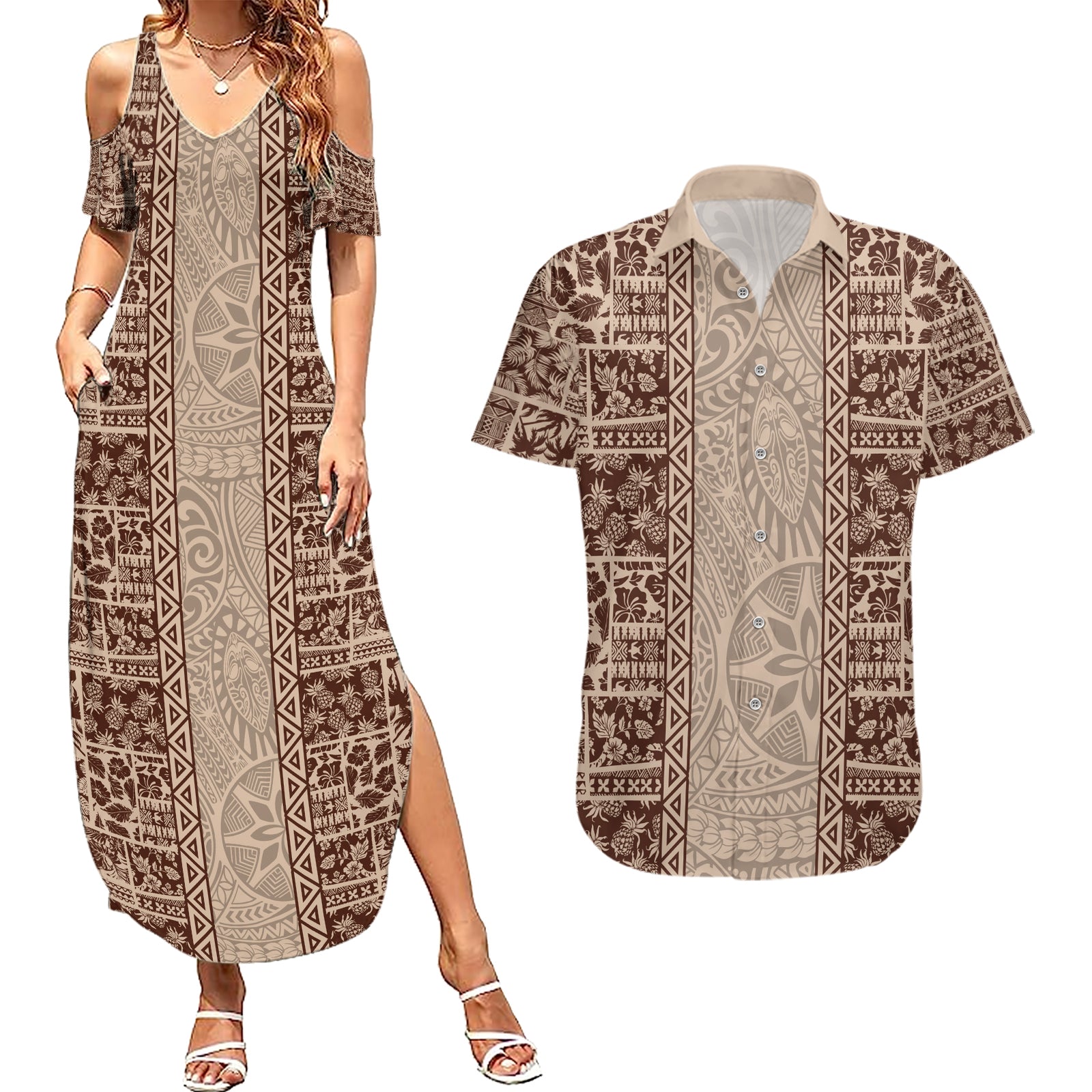Hawaii Style Hibiscus and Tribal Element Fabric Patchwork Couples Matching Summer Maxi Dress and Hawaiian Shirt Beige Version LT03 Beige - Polynesian Pride