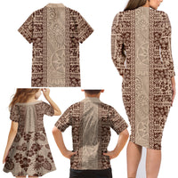 Hawaii Style Hibiscus and Tribal Element Fabric Patchwork Family Matching Long Sleeve Bodycon Dress and Hawaiian Shirt Beige Version LT03 - Polynesian Pride