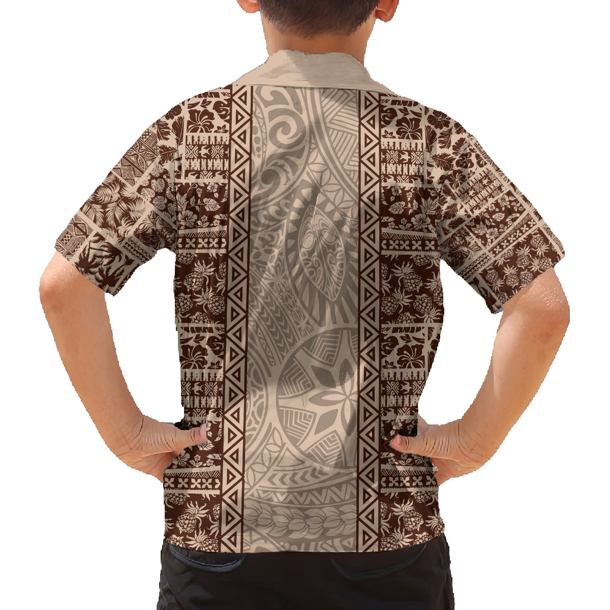 Hawaii Style Hibiscus and Tribal Element Fabric Patchwork Family Matching Off Shoulder Long Sleeve Dress and Hawaiian Shirt Beige Version LT03 - Polynesian Pride