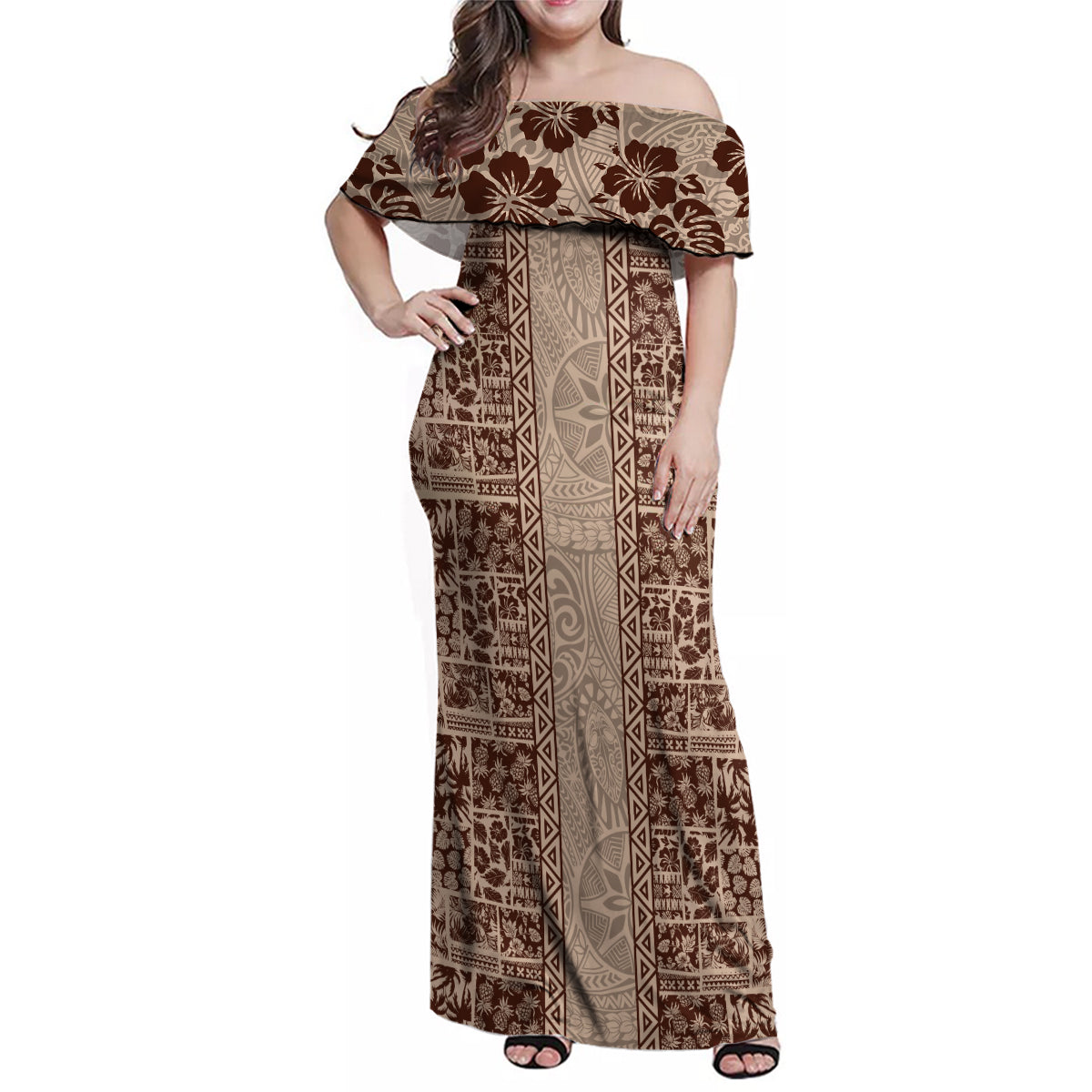 Hawaii Style Hibiscus and Tribal Element Fabric Patchwork Family Matching Off Shoulder Maxi Dress and Hawaiian Shirt Beige Version LT03 Mom's Dress Beige - Polynesian Pride
